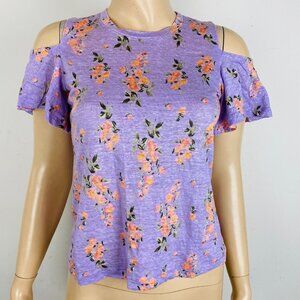 Rebecca Taylor Colorful Summery Purple Floral Women's XS Linen Cold Shoulder Top